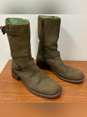 Y2K Nicole "Eureka" moto mid-calf boots olive/moss green matte leather size 9.5